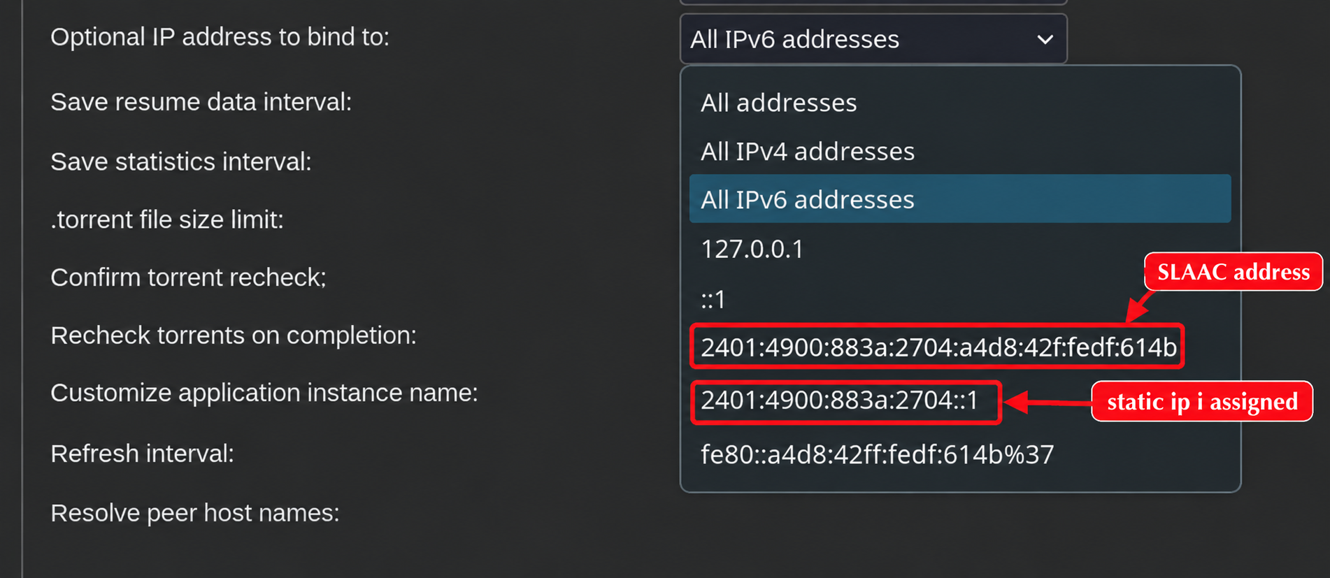 qBittorrent bind address dropdown showing multiple ipv6 addresses